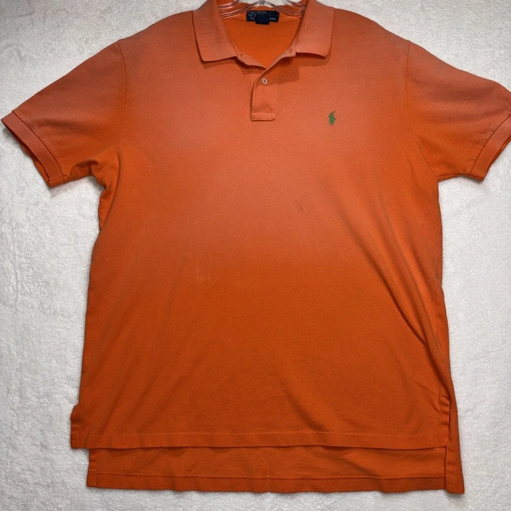 Vintage 90s Y2K Polo Ralph Lauren XL Orange Green Pony Polo Shirt Preppy Worn